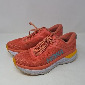 Hoka Coral and Yellow Athletic Shoes Women Size 9